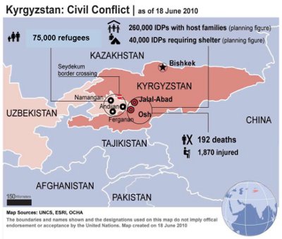 Map of Kyrgyzstan conflict, United Nations Office for the Coordination of Humanitarian Affairs, 18 June 2010